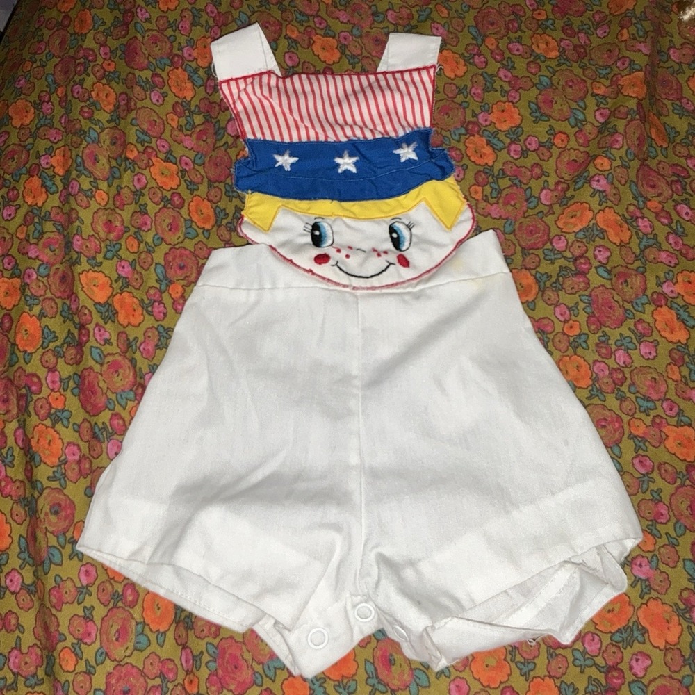 Vintage Baby Boy Sunsuit Romper 0-3 Month Overalls Shorts Fourth Of July Red
